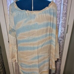 Women's Blue and Cream Off-Shoulder Top